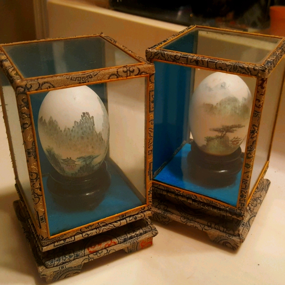 Set of 2 - VINTAGE Hand Painted Egg in Glass Case